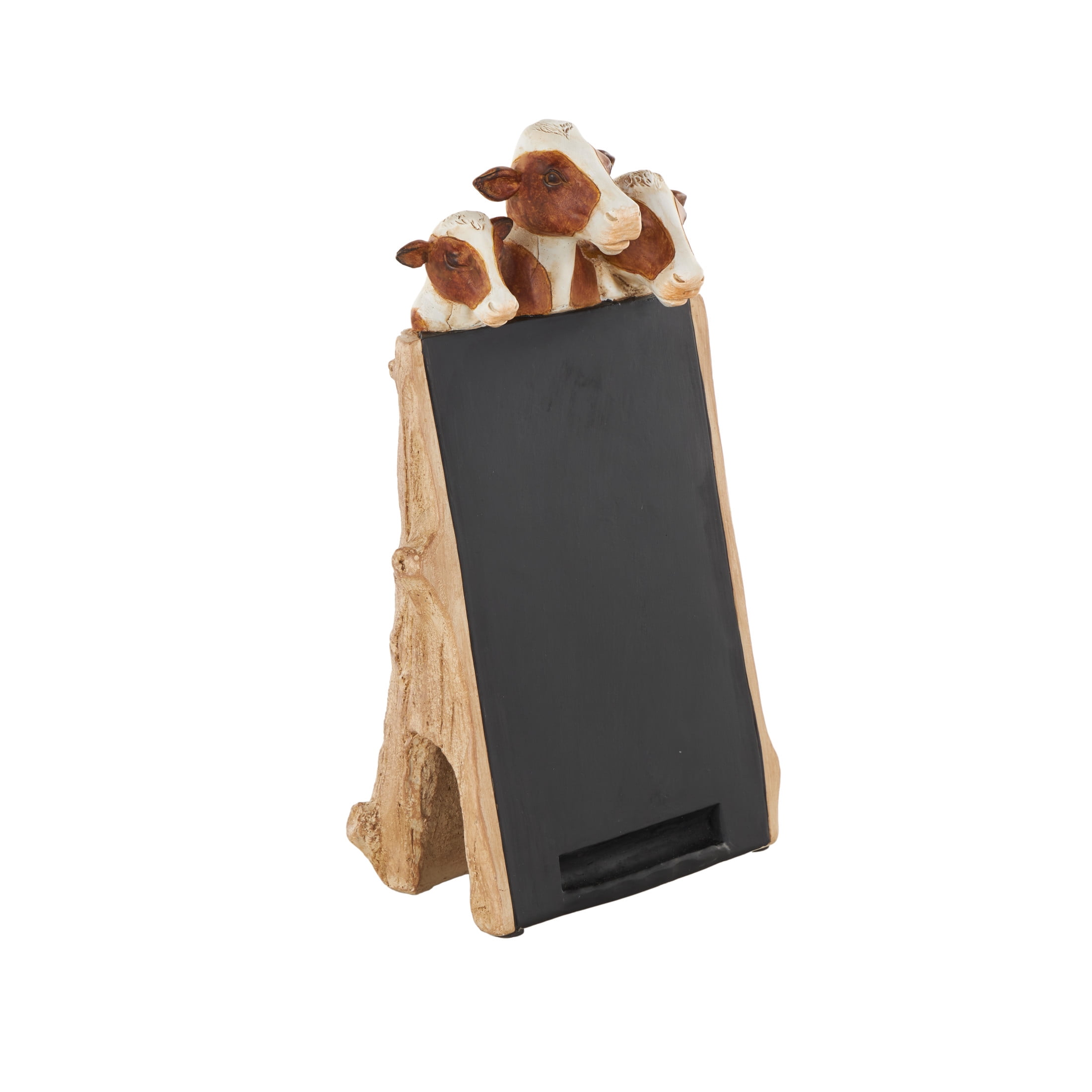 DecMode Cow Chalkboard Polystone Decorative Sign with Brown Tree Trunk Frame, 1-Piece