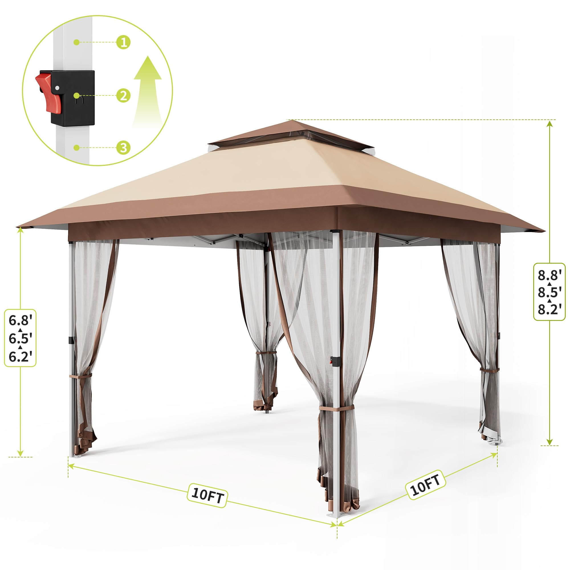 Kojooin 10x10 Pop Up Gazebo, Outdoor Canopy Tent with Mosquito Netting, Pop Up Canopy Tent with Curtains/Adjustable Height/Wheeled Carrying Bag for Patio Garden Backyard Lawn