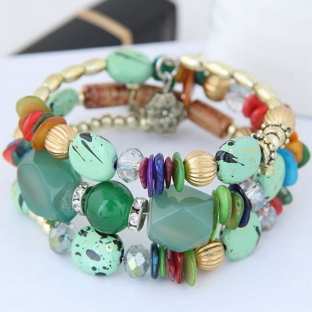 Xiao Hua Pulseras de cuentas irregulares multicapa estilo bohemio retro de verano con dijes de flores, joyería étnica para mujer, color verde
