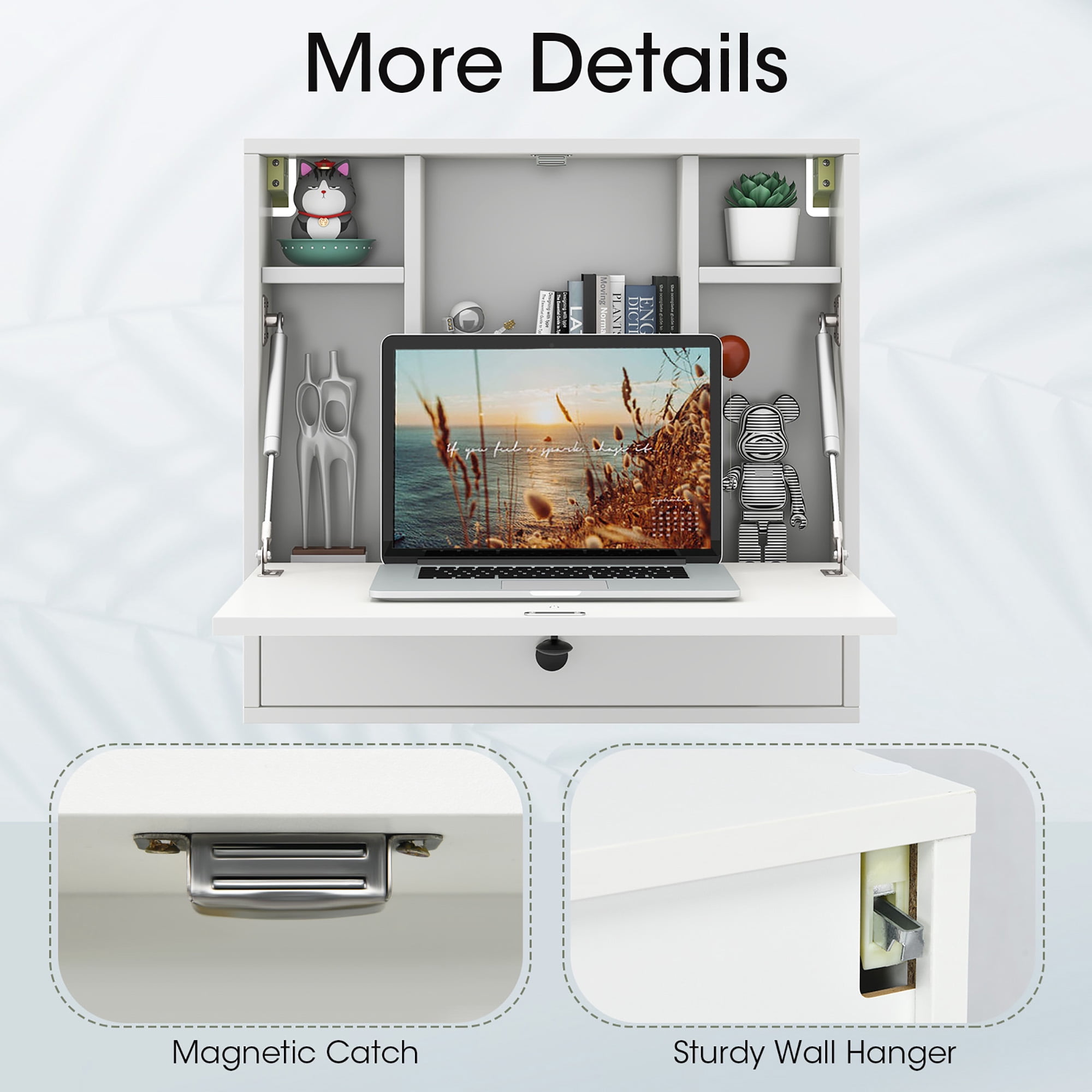 Gymax Wall-mounted Desk Floating Computer Workstation w/ Storage Shelves Home Office White
