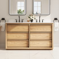 ANGELES HOME 60" Double Sink Bathroom Vanity, Solid Oak Wood, Freestanding, Carrara White Quartz Top with 2 Undermount Sinks, 6 Soft-Close Drawers, Backsplash Included