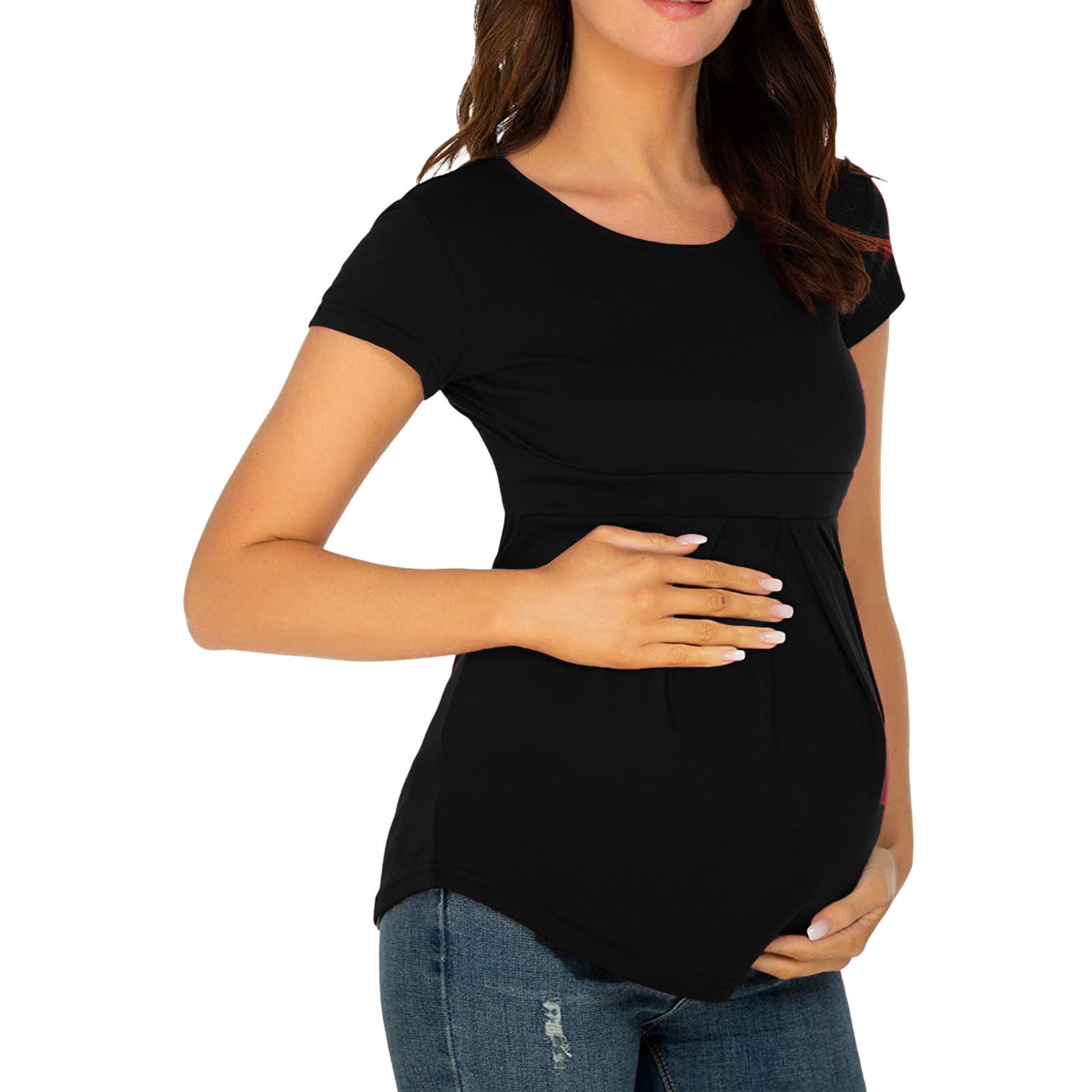 WAJCSHFS Pregnant Clothes For Women Work Maternity Scoop Neck Short Sleeve  Summer Breastfeeding Tops Double Layered Curved Hem Casual Button Side  Nursing Tunic Comfy Sleepwear Mint (Black,M) 