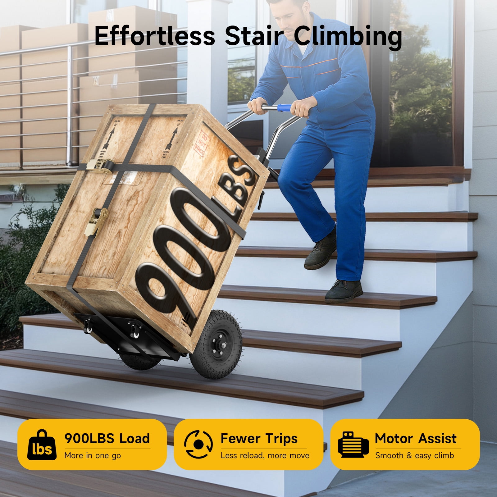 Joreek Electric Stair Climbing Dolly 900lbs Capacity Electric Hand Trucks 1300W Heavy Duty Stair Climber with 4M Safety Belt for Furniture Logistics Warehouse