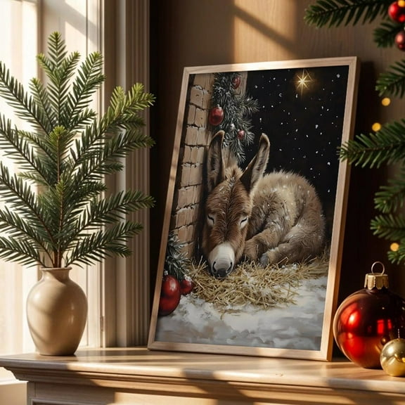 Winter Holiday Donkey Art Peaceful Holiday Farmhouse Decor Home Decor, 8x12 UNFRAMED
