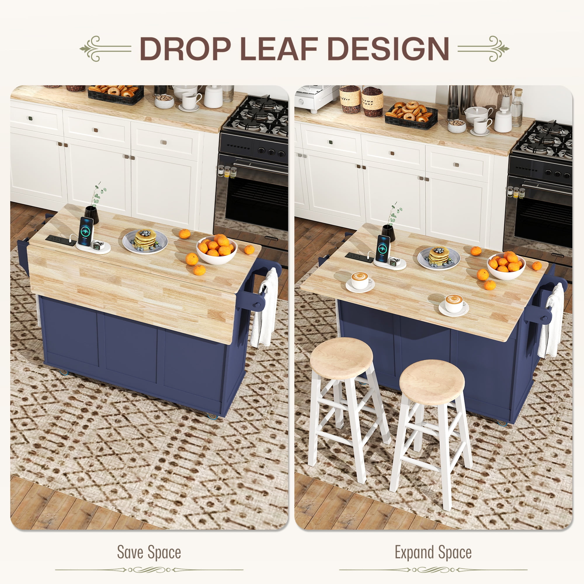 HOMCOM Mobile Kitchen Island with Power Outlet Drop Leaf Kitchen Cart Blue