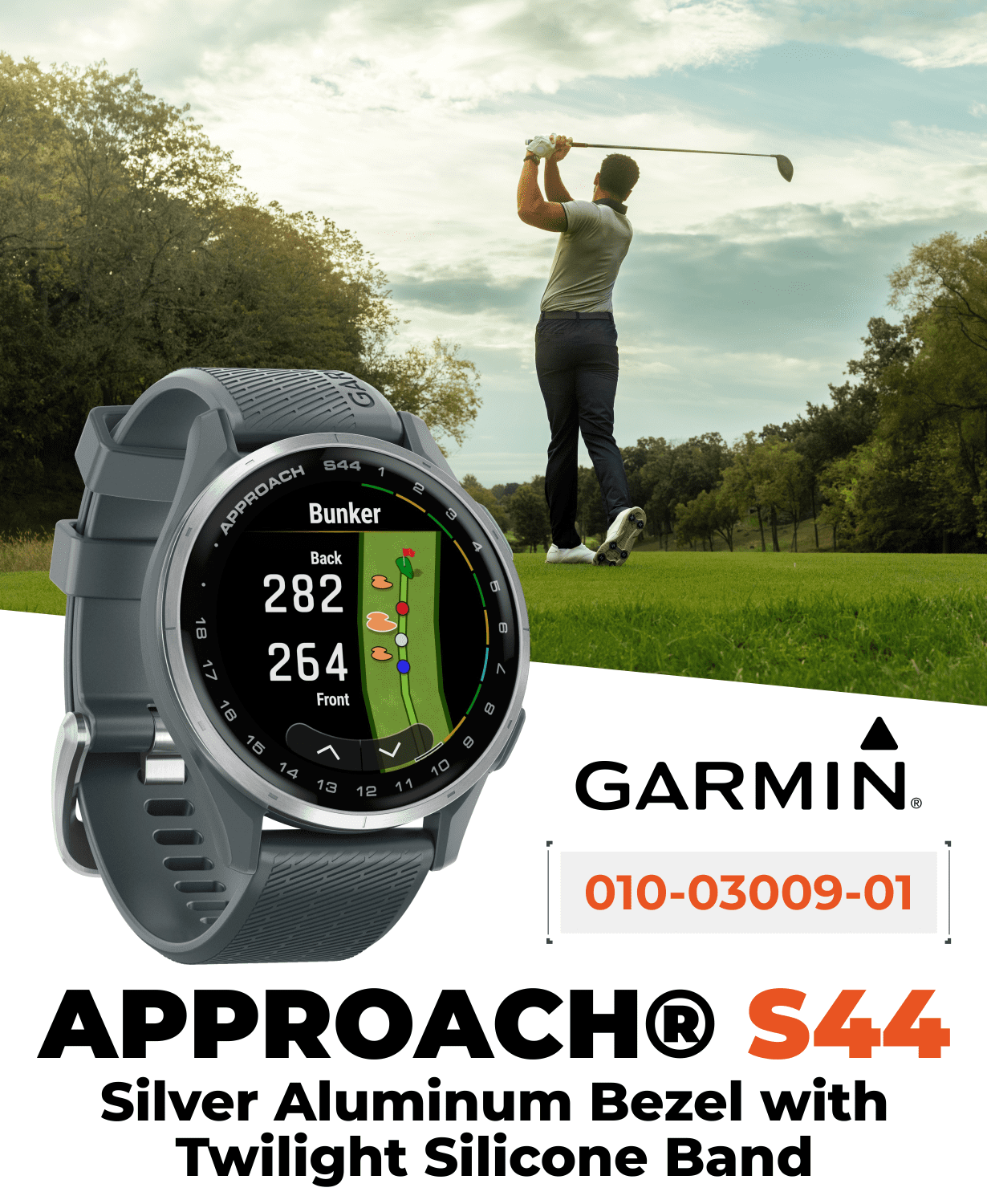Garmin Approach S44 Golf GPS Smartwatch Silver Aluminum Bezel with Twilight Silicone Band with Wearable4U Power Bank Bundle