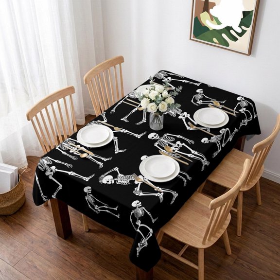 Skull Halloween Table Cloth Waterproof Tablecloths, Retro Skeleton Abstract Art Tablecloth Dining Table Cover for Kitchen Party Tabletop Outdoor, Rectangle Tablecloth 52x70 Inch
