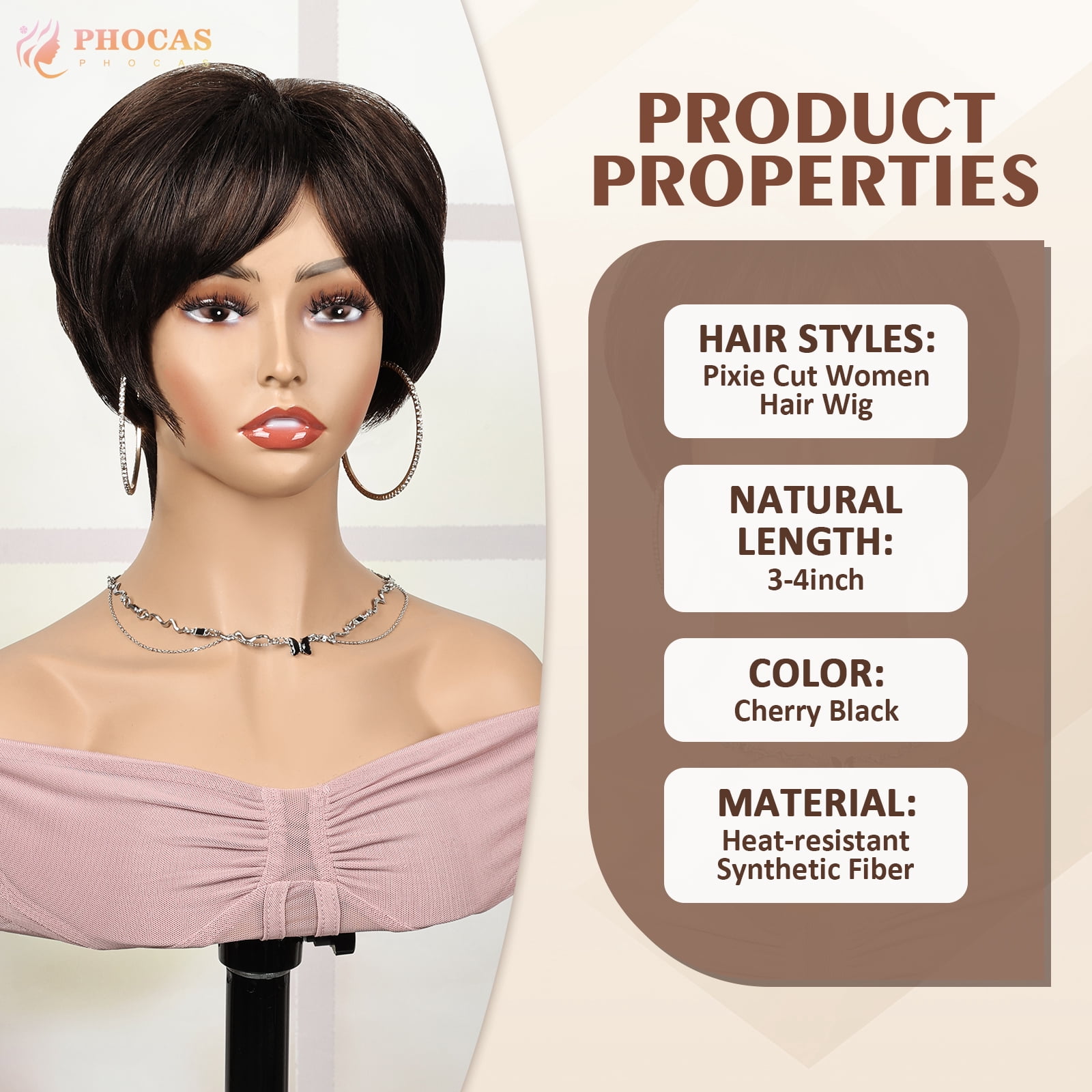 PHOCAS Black Cherry Short Pixie Wigs for Women Synthetic Black Short Wigs with Bangs Wefted Wig Caps
