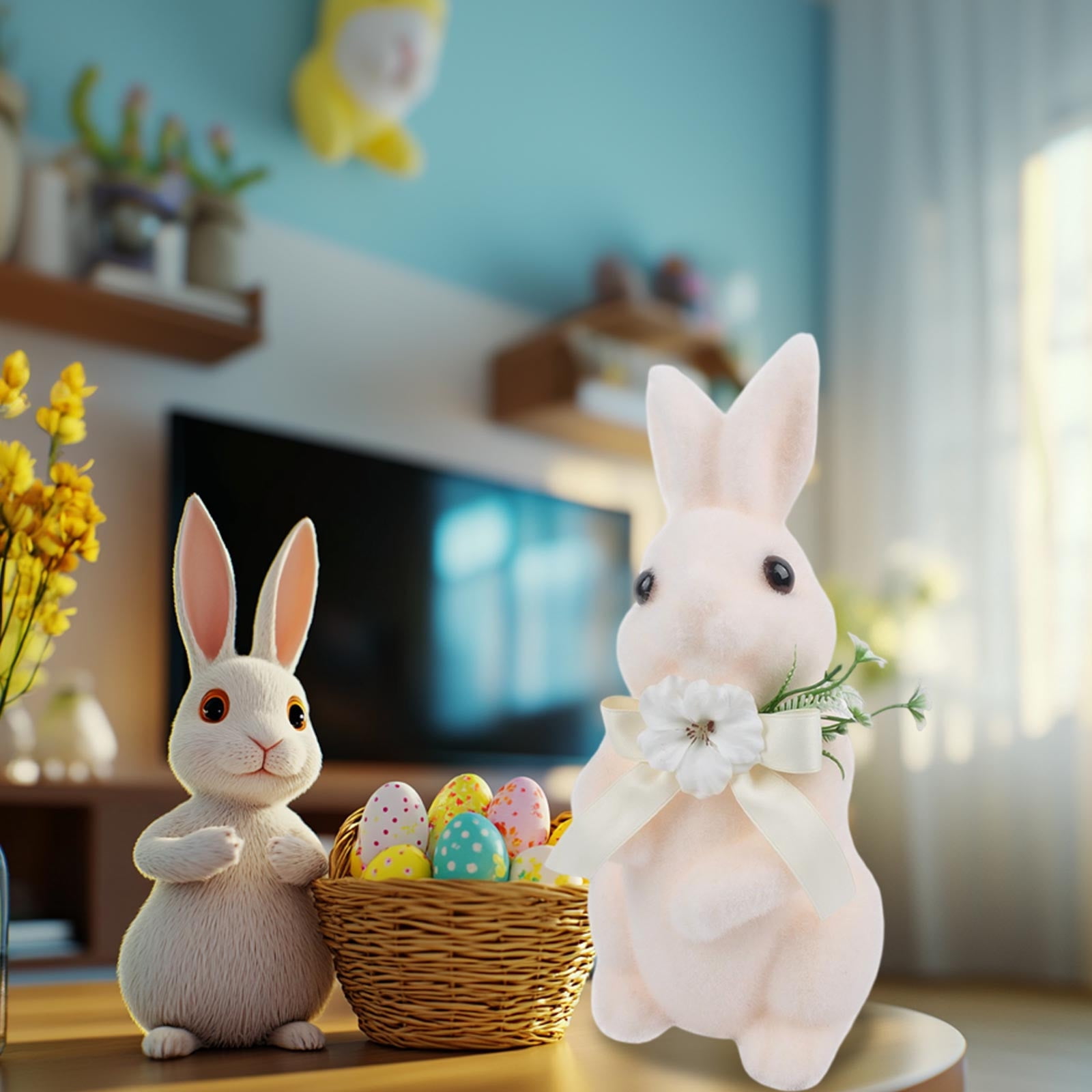 Moss Flocked Bunny Statue, Artificial Grass Easter Decor, Spring Garden Patio Table Centerpiece(Pink-B)