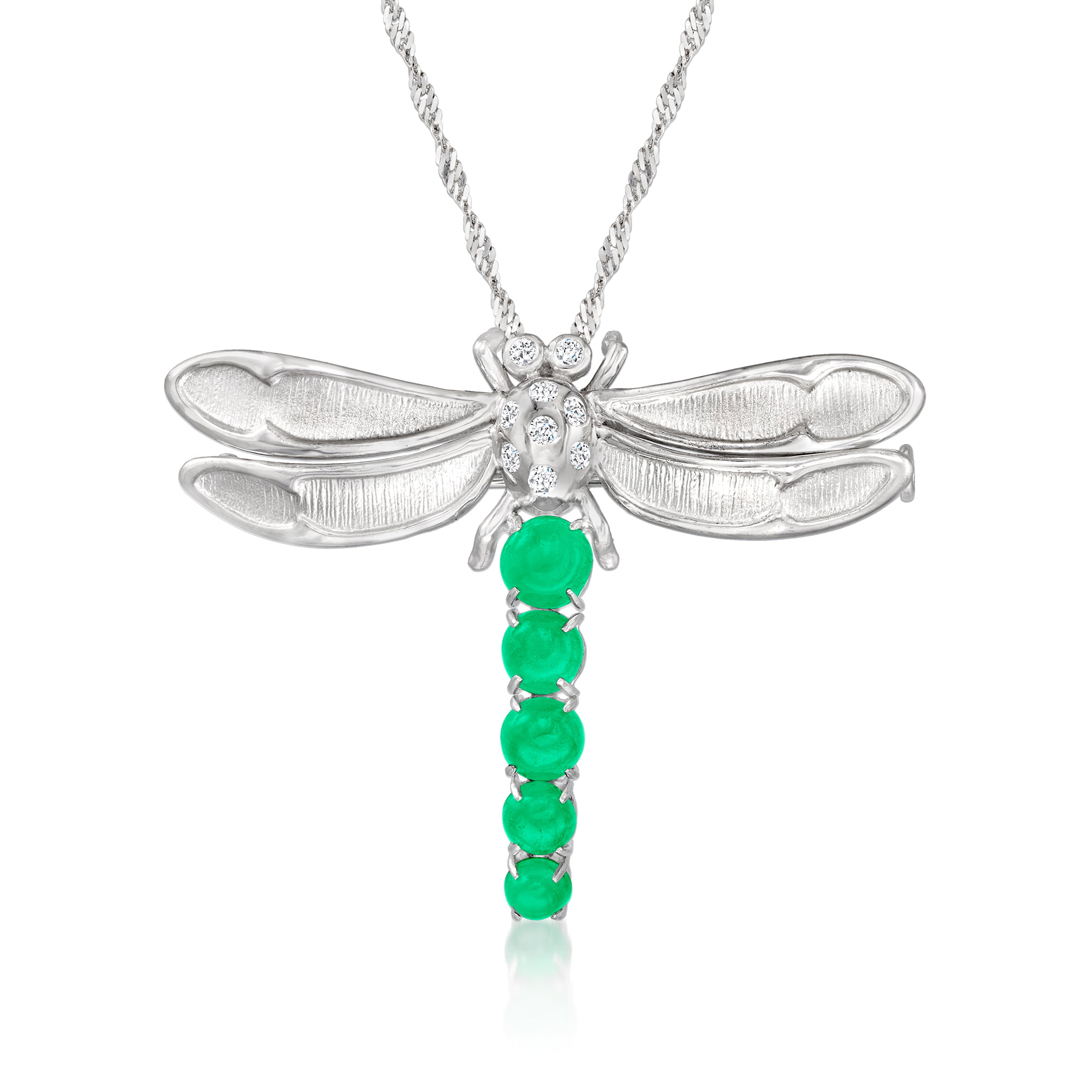 Ross-Simons C. 1980 Vintage  ct. . Emerald Dragonfly Pin/Pendant  Necklace With .19 ct. . Diamonds in 14kt and 18kt White Gold -  