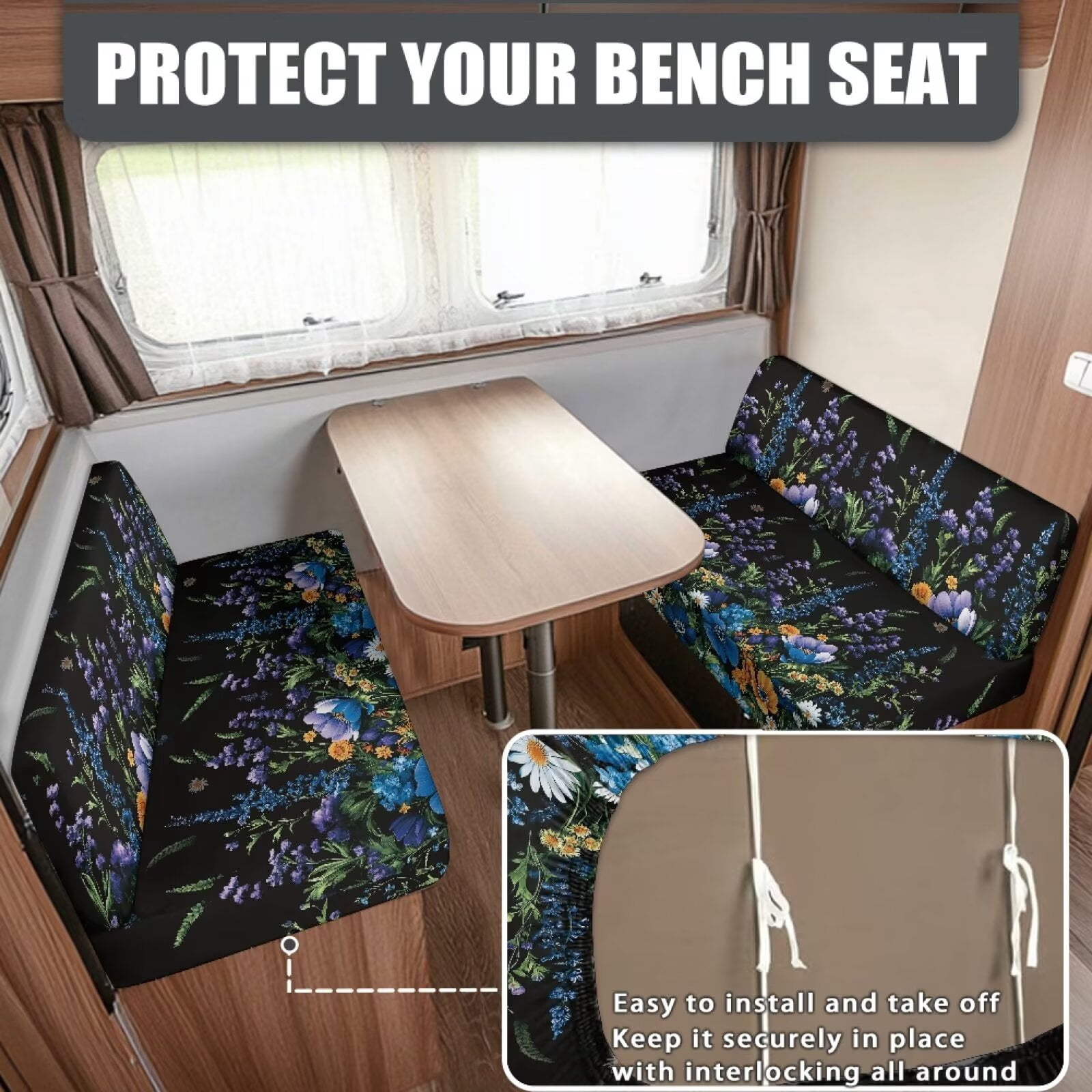 XYZCANDO Daisy RV Dinette Cushion Covers Camper Decor Stretchable Slip Covers for Loveseat Universal Bench Cushion Washable Sofa Covers for 2 Cushion Couch Camper Black