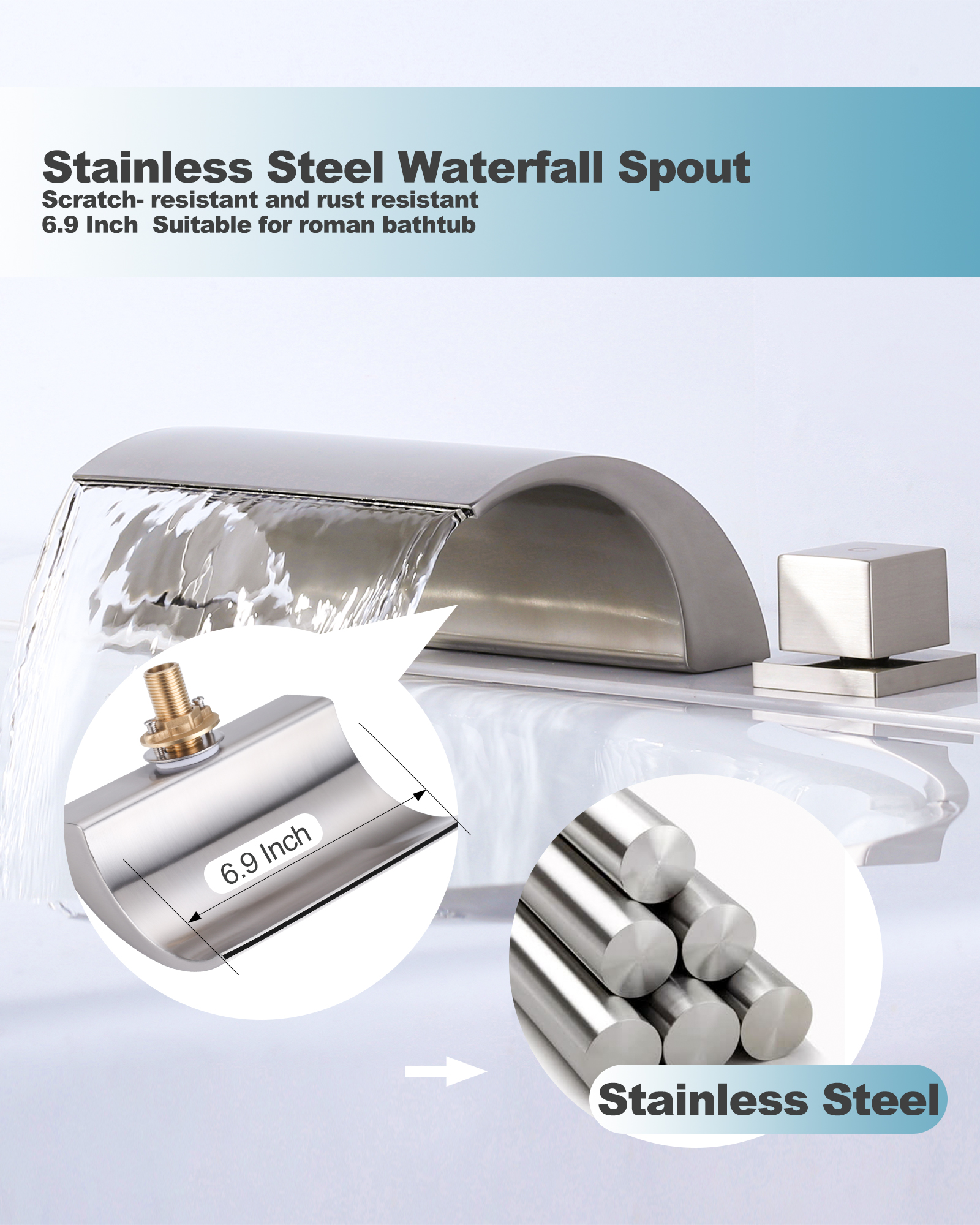 Wowow 2 Handle Waterfall Tub Faucet, Brass 3-Hole Bathtub Faucet, Brushed Nickel