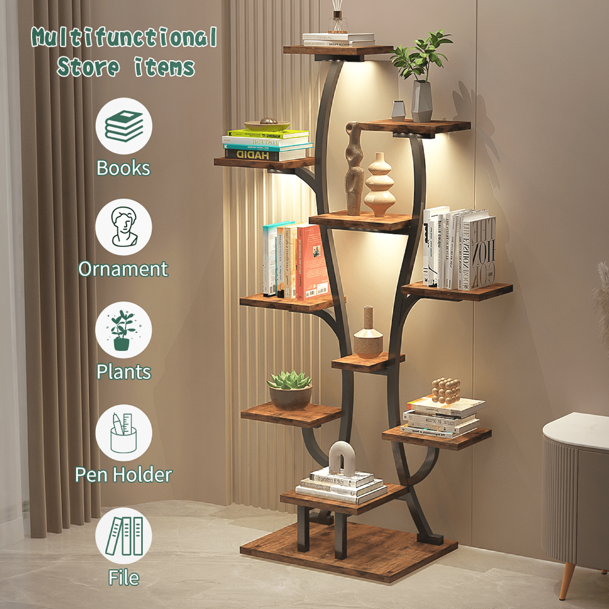 Leumius Plant Stand with Grow Lights, Indoor Plant Shelf, Metal Plant Flower Holder Stand, Vase Shape Plant Rack for Home Patio
