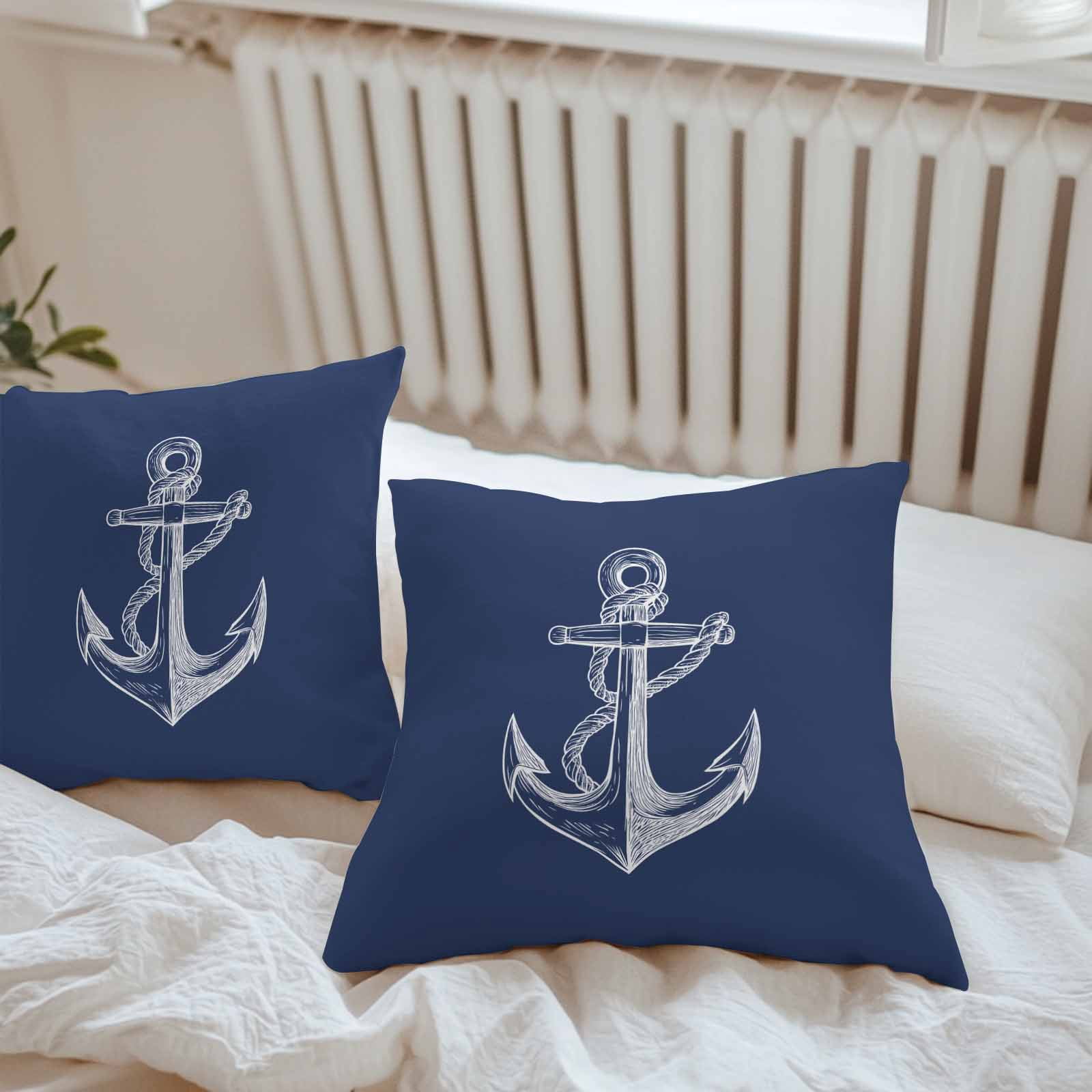 Throw Pillow Covers 16x16 Inch Set of 2, Nautical Anchor Waterproof Outdoor Pillow Covers, Navy Blue Coastal Marine Minimalist Rope Decorative Cushion Pillowcases for Couch, Sofa, Bed, Garden, Patio