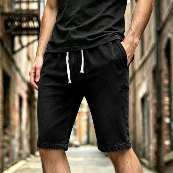 COSFO Denim Shorts Men Black Casual Summer Bermuda Shorts with Pockets Elastic Waist Streetwear Drawstring Relaxed Fit Jean Shorts