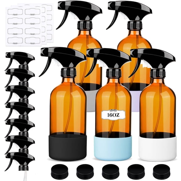 5 Pack 16oz Amber Glass Spray Bottles Refillable with Adjustable Nozzle