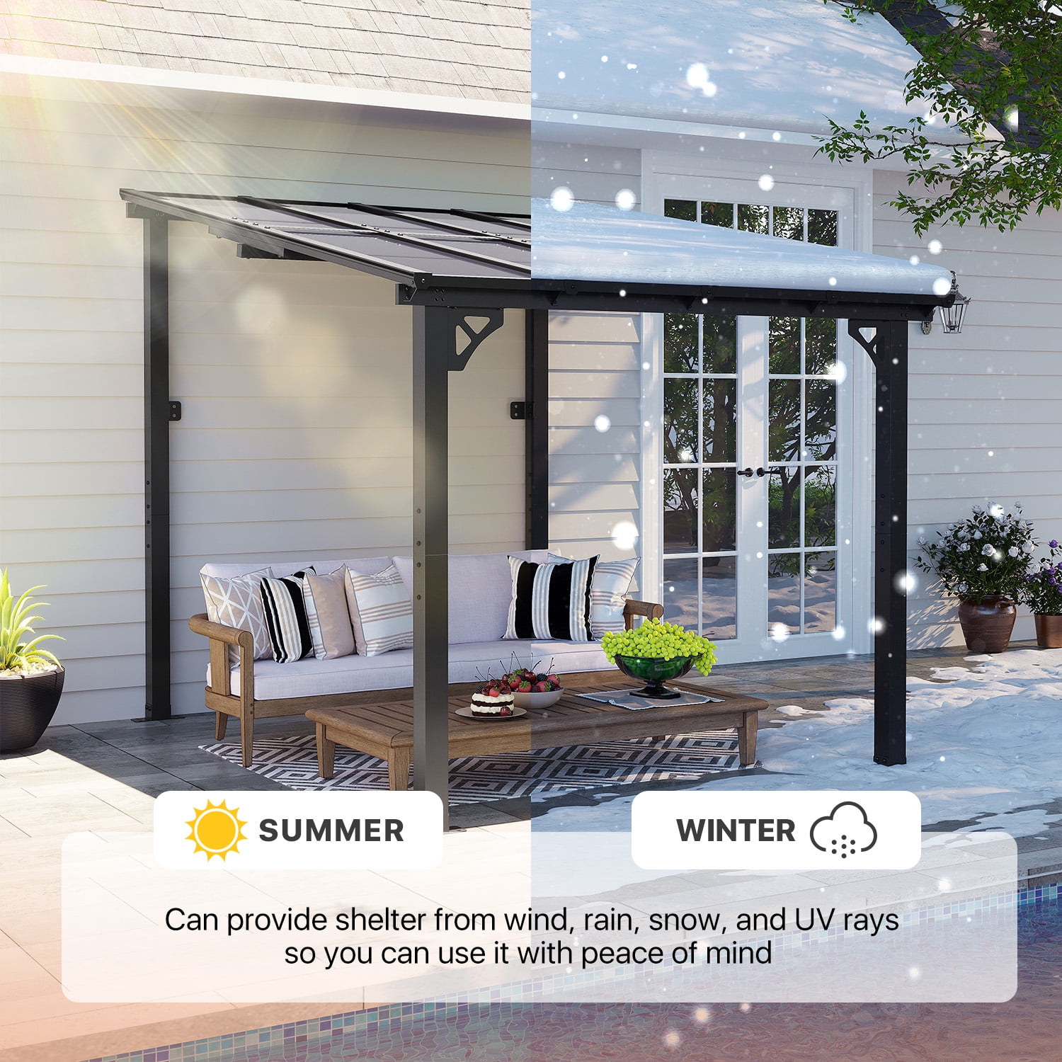 BaPiPro 8'x10' Hardtop Gazebo, Wall Mounted Lean-To Pergola for Patio, Aluminum Frame & Polycarbonate Roof, Waterproof Outdoor Canopy for Backyard, Porch, Deck