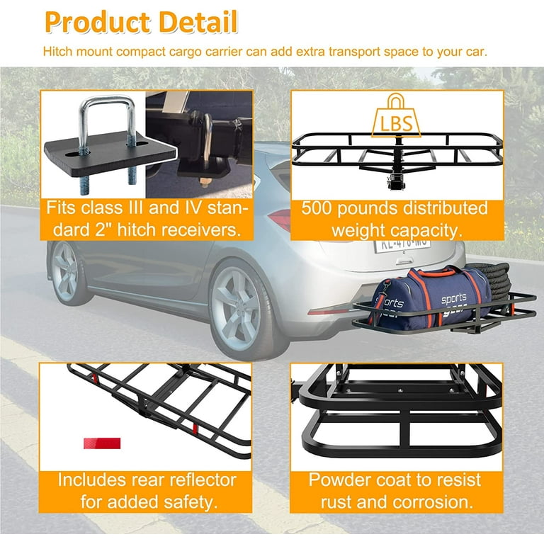 Tabaray Hitch Cargo Carrier Camping Pickup Car Luggage Rack Hitch Cargo Basket Load Bearing 500 Lbs with Anti Rattle Hitch Stabilizer for SUV Pickup
