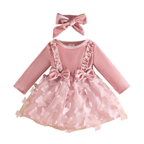 MEZZALL Girls Long Sleeve Bowknot Solid Color Dress Headbands Set O-Neck Trendy Dresses