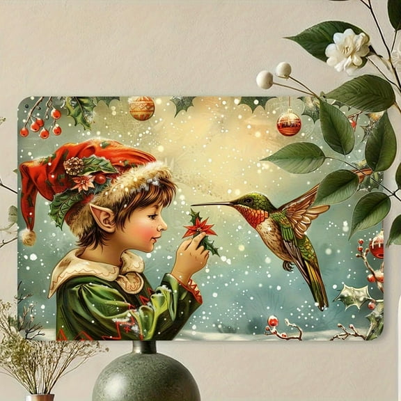 Christmas Elf and Vibrant Hummingbird - Vintage Metal Tin Sign, Festive Wall Art Decor for Gym, Cafe, Garage, Restaurant, Home, and Garden, Iron Material, 12x8 Inches