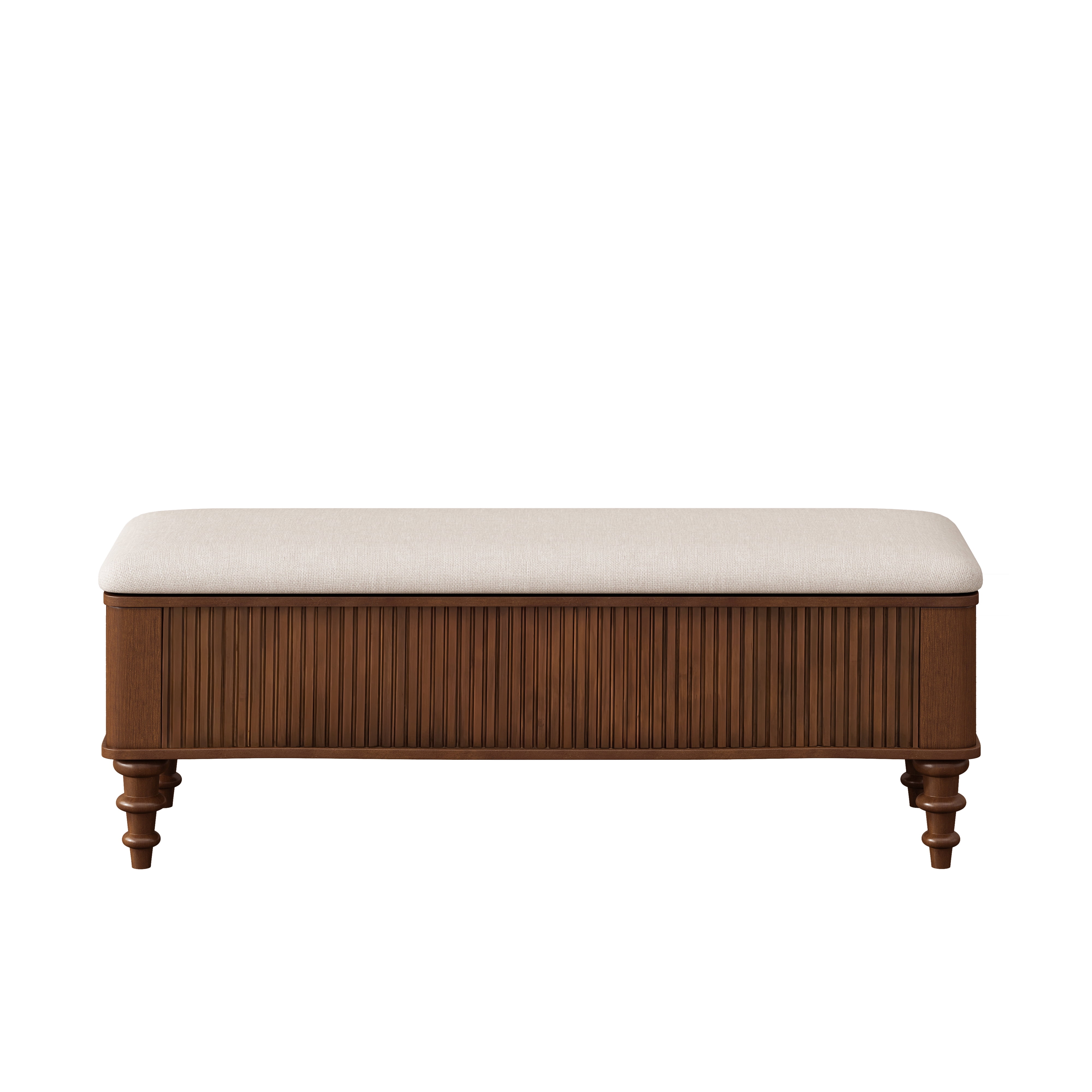 50.8" Storage Ottoman Bench, Solid Rubberwood Bed End Bench with Linen Seat, Storage Bench for Bedroom, Entryway Shoe Organizer for Bedroom, Living Room, Entryway, Closet, Walnut