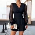 thumbnail image 2 of Lace Jumpsuit for Women Dressy Long Sleeve V-Neck Tunic Waist Pleated Solid Color Elegant Short Pants Business Rompers for Working Casual Black S-2XL, 2 of 8