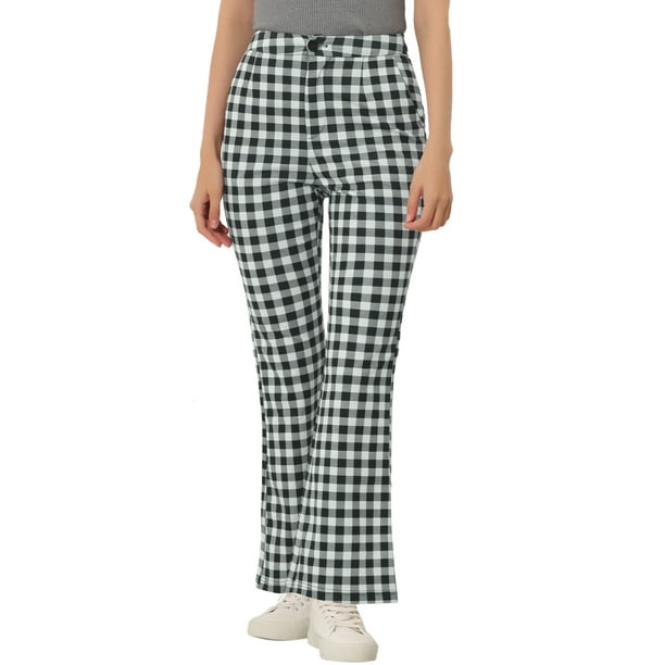 Pantalones anchos de pierna ancha elásticos de cintura alta a cuadros para mujer, pantalones acampanados largos y acampanados con bolsillos Negro L