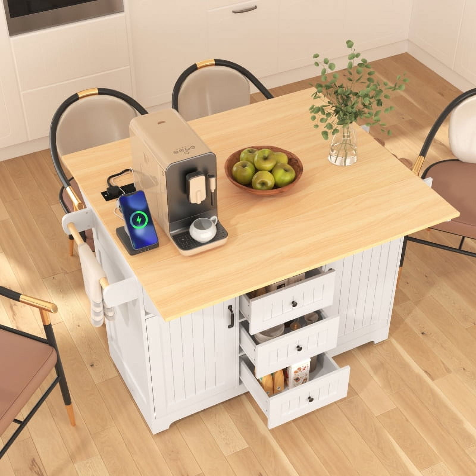 55.7'' Large Kitchen Island with 2 Drop Leaf,, Rolling Kitchen Cart on 5 Wheels with Power Outlet, Folding Storage Dining Table with Spice & Towel Rack , 3 Drawers, for Kitchen, Dining Room,White