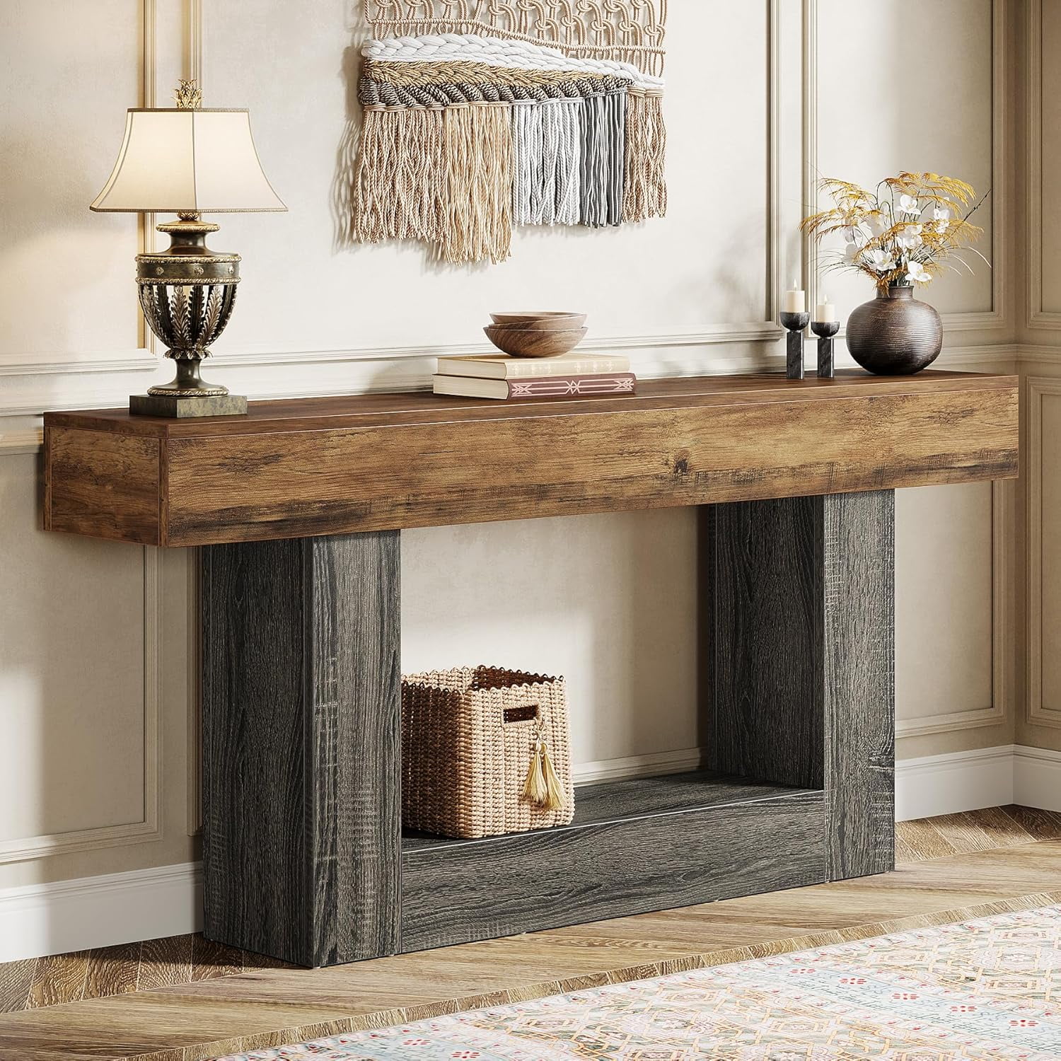 Tribesigns 63" Console Table, Farmhouse 2-Tier Entryway Table with U-Shaped Base, Narrow Wood Sofa Table for Living Room, Brown & Gray