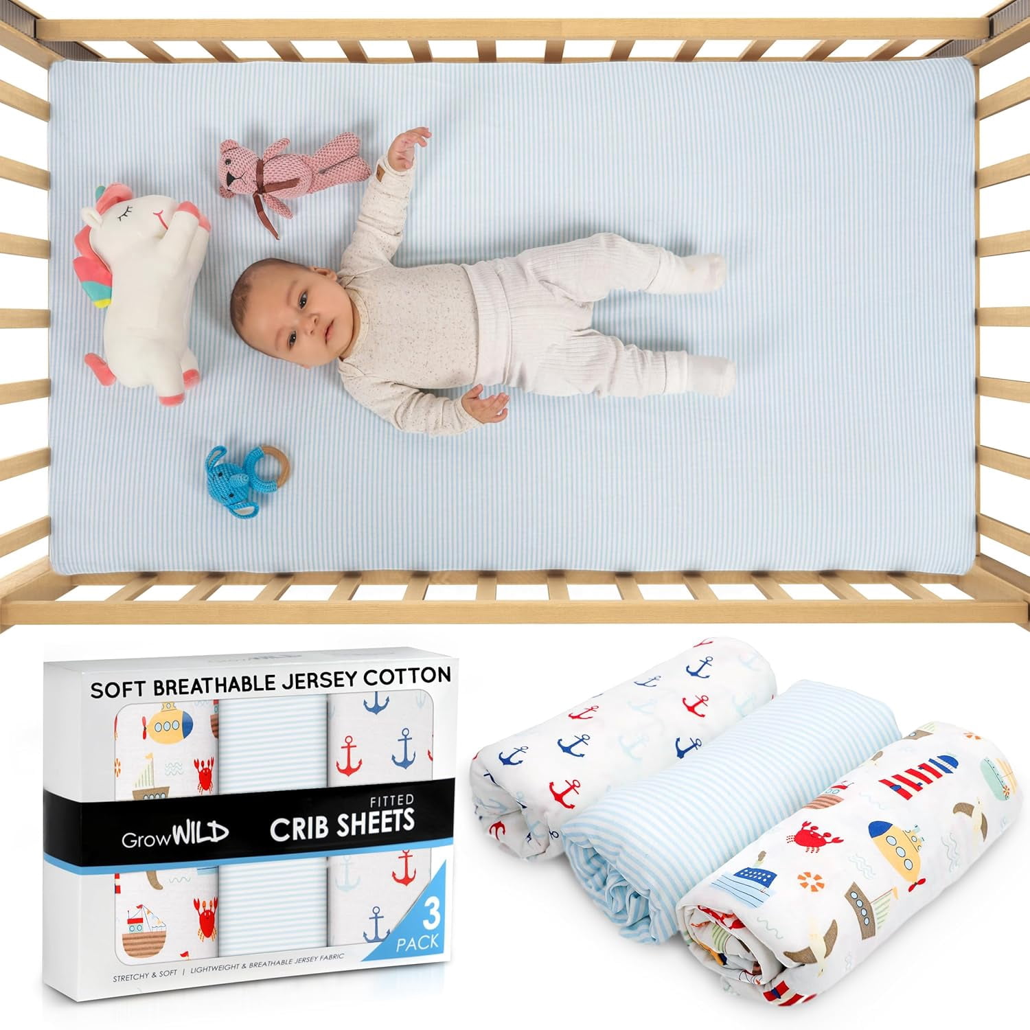 GROW WILD Fitted Nautical Crib Sheets (3 Pack) - Jersey Knit Cotton Boys Crib Sheets - 52”x28”x9”