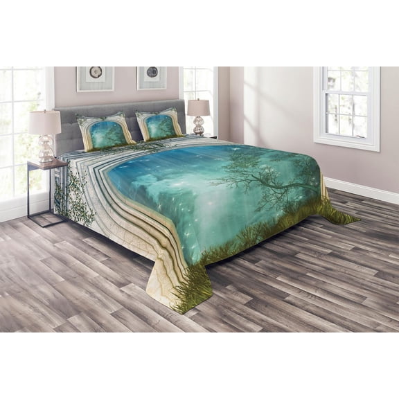 Ambesonne Forest Quilted Coverlet 3 Pcs, Door Stars, Queen Size, Blue Beige