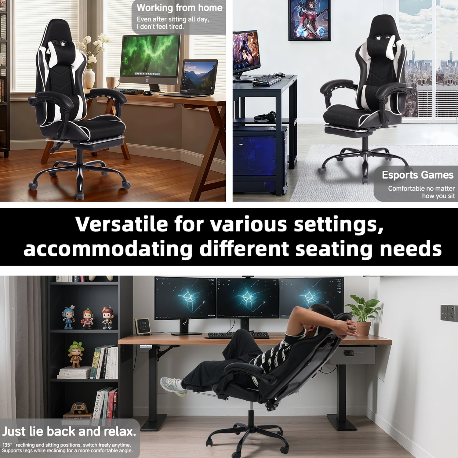 Mintazer Gaming Chairs with Footrest, Massage Leather Game Computer Chair with Headrest and Lumbar Support, E-Sports Chair for Adults Home Office, Black & White