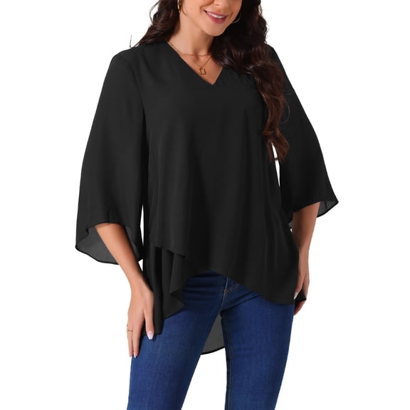 INSPIRE CHIC Blusa Casual Elegante de Manga 3/4 con Cuello en V y Dobladillo Asimétrico de Chiffon L Negro