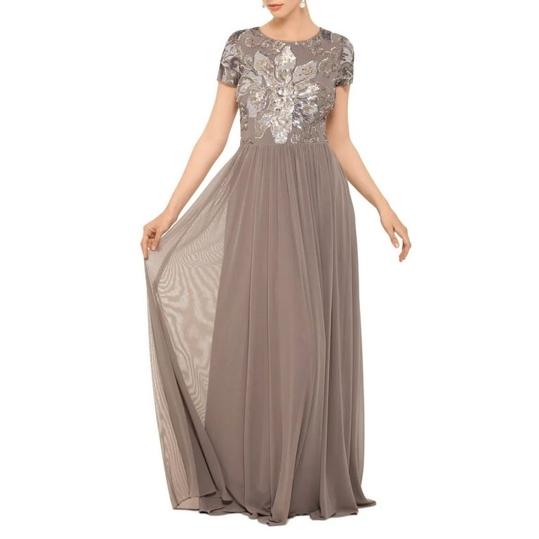 Betsy Adam Womens Sequin Gown Dress, Beige,