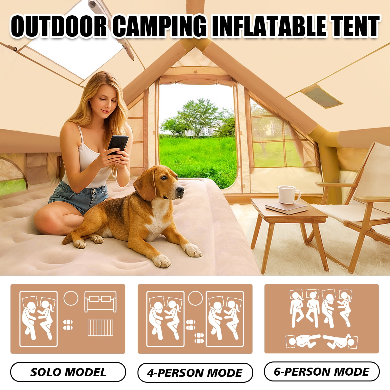 9.8' x 7' Inflatable Camping Tent,4 Season Blow up Tents for Camping, 4-6 Person Inflatable Tent with Stove Jack,Air Tents,Glamping Tent,Waterproof Luxury House with Mesh Window