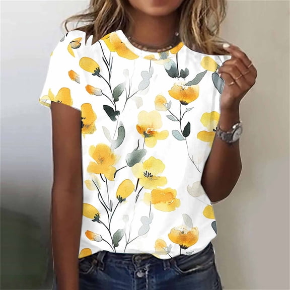 Jsaierl Tops for Women Short Sleeve Summer Loose Fit Shirts Crewneck Athletic Tunic Blouses Trendy Graphic T Shirts Top Plus Size S-5XL