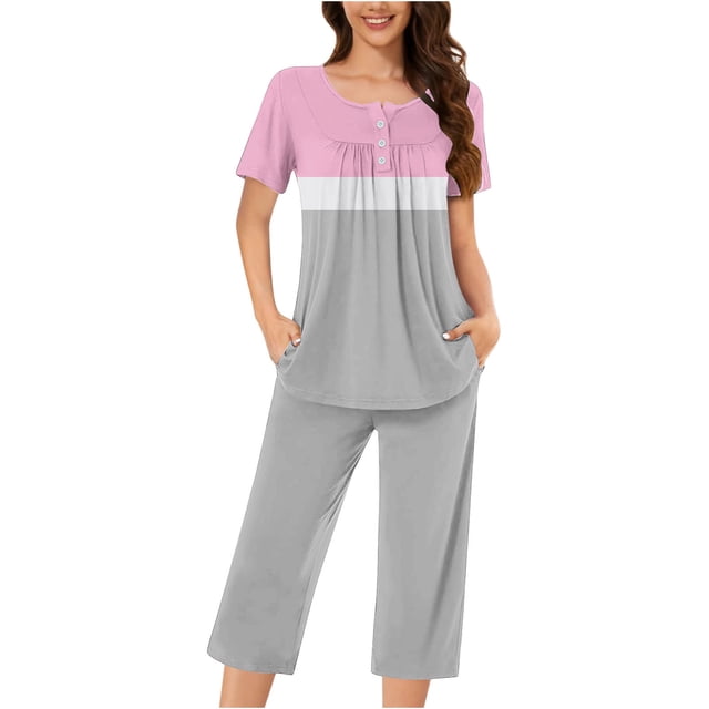 Aqestyerly Ensemble de Pyjama, Ensemble de Pyjama Décontracté pour Femmes avec Blouse à Manches Courtes et Col Rond et Pantalon à la Mode/rouge Melon D\'eau(m)
