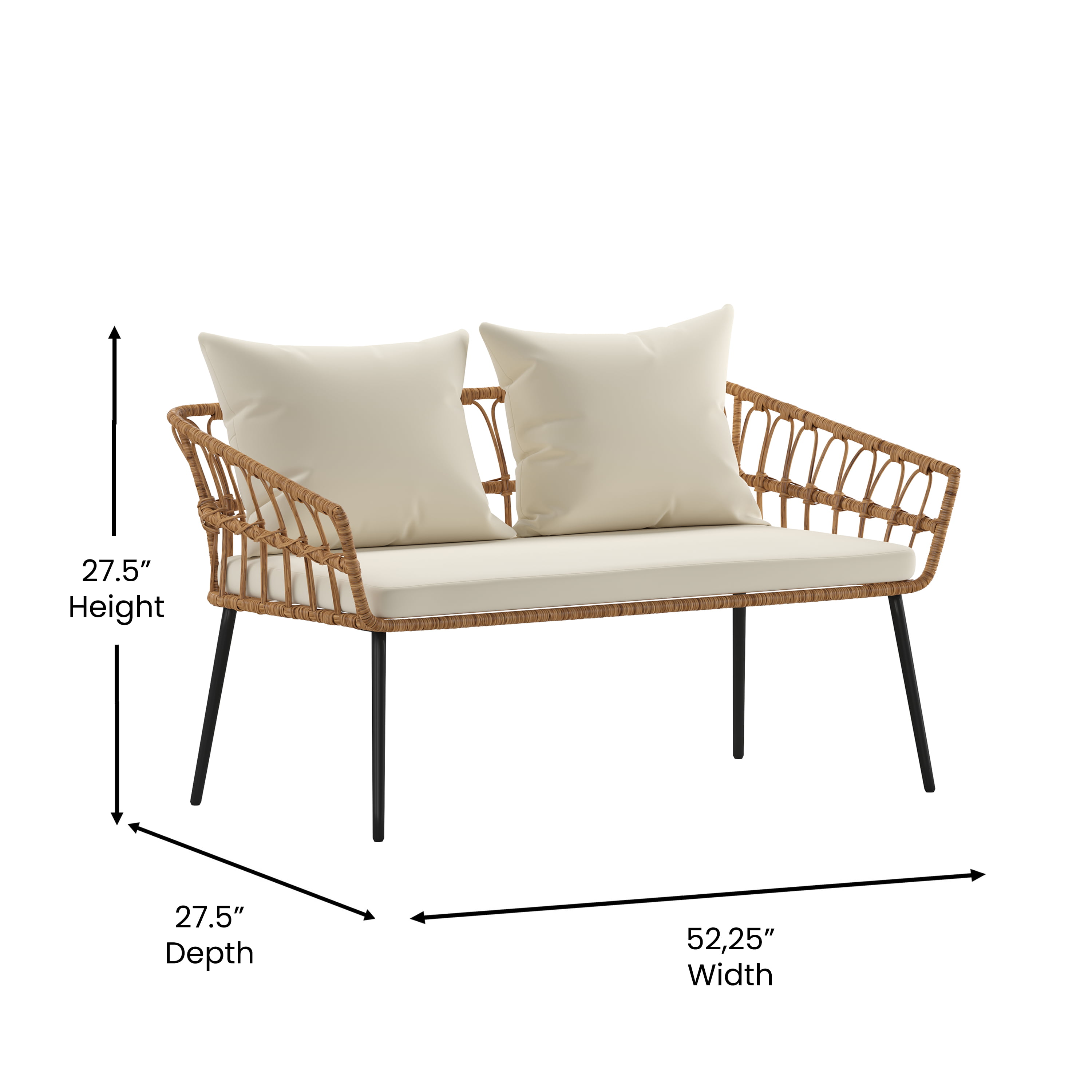 Emma + Oliver Four Piece Indoor/Outdoor Boho Open Weave Natural Rattan Rope  Patio Set with Two Chairs, Loveseat and Table with Cream Cushions