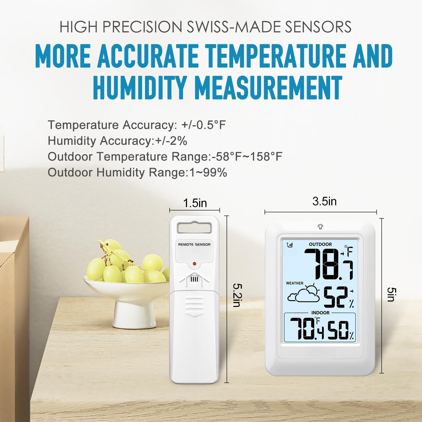 Indoor Outdoor Wireless Weather Station  Internal External Hygrometer Home Batteryoperated Temperature Humiditymonitors330 Feet (about 100 Meters) Backlight Display (white)