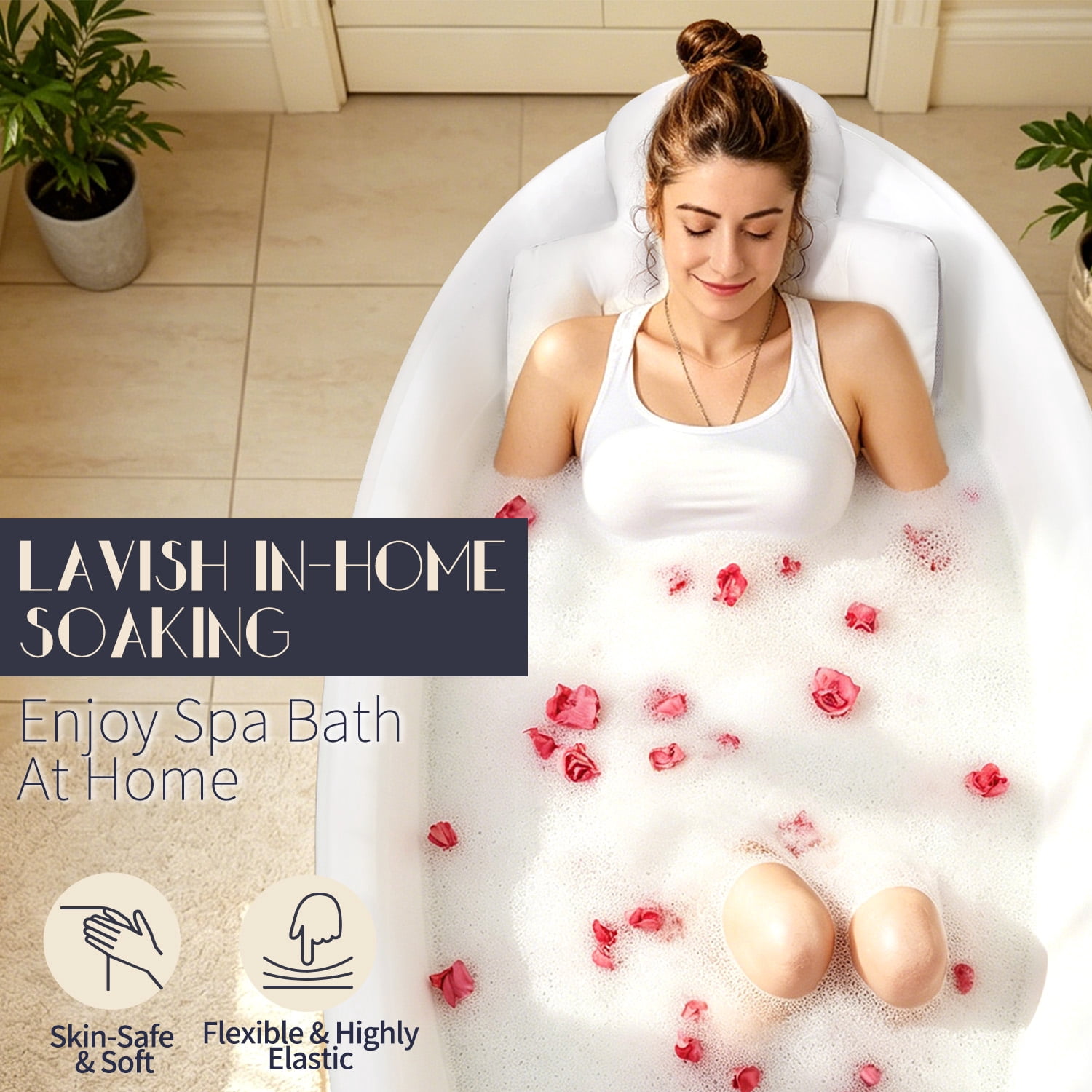 VOXOR Full Body Bath Pillow, 50"x15" x 2" Thick Bathtub Cushion with Suction Cups for Head, Neck & Back Support Pearl White