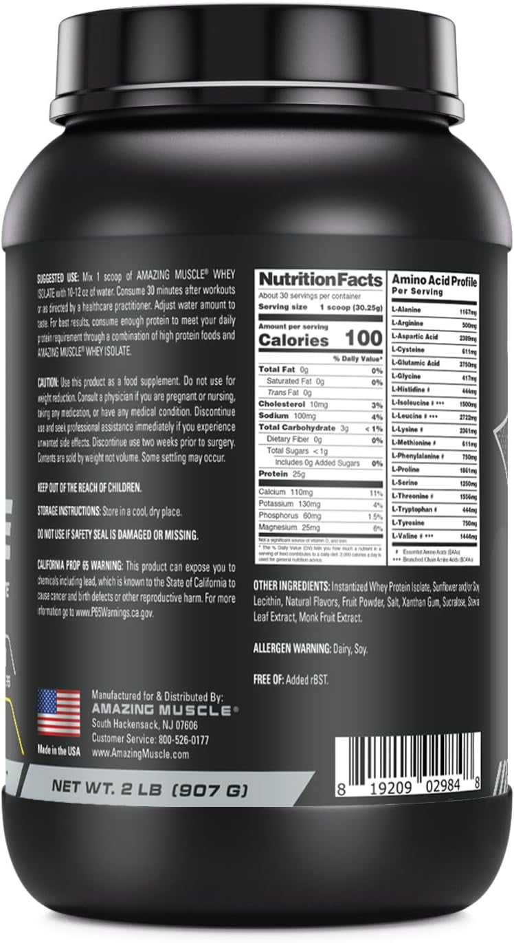 Amazing Muscle Whey Protein Isolate Powder 2Lbs Banana Flavor | 25 Grams Protein Per Serving | 30 Servings Supplement | 100% Whey Isolate | Made in USA