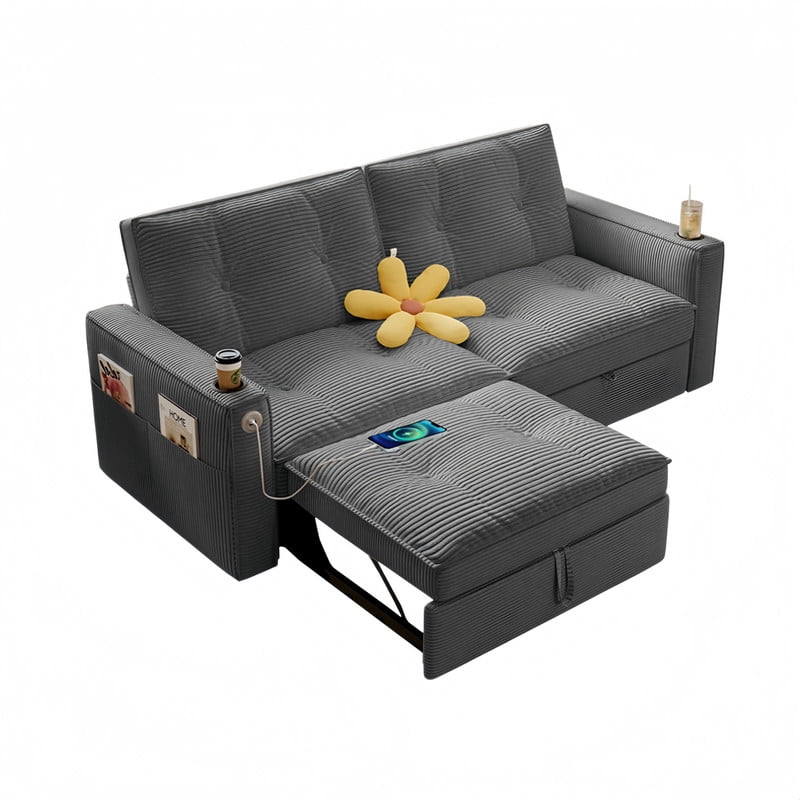 72.6" Convertible Sofa Bed, 2-in-1 Sleeper Sofa with USB Charging Ports & Side Pockets, Modern Corduroy Upholstered Sofa Couch with Steel Frame for Living Room, Bedroom, Apartment