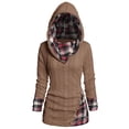thumbnail image 3 of SLADYGLO Women Plaid Splicing Cowl Neck Long Sleeve Button Cable Knit Hood Sweater, 3 of 5