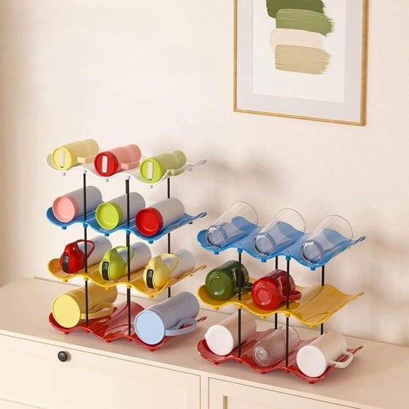 Steadline Wave Shaped Multi Tier Cup Storage Rack,Color Block Plastic Desktop Organizer,Layered Holder For Mugs Glass Tumblers Coffee Accessories Kitchen Counter Coffee Bar And Pantry Tidying