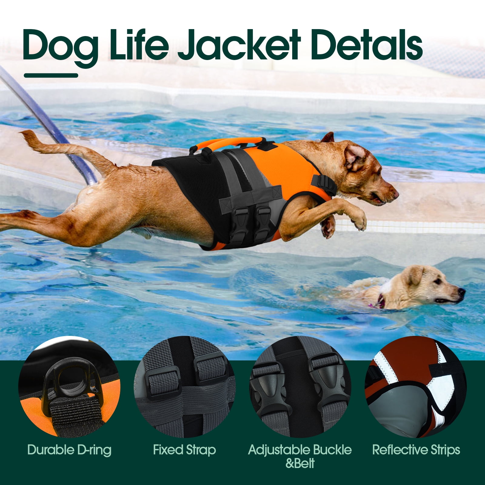 Kuoser Dog Life Jacket with Reflective Strips, Adjustable Life Vest for Small Medium Large Dogs, Orange, L