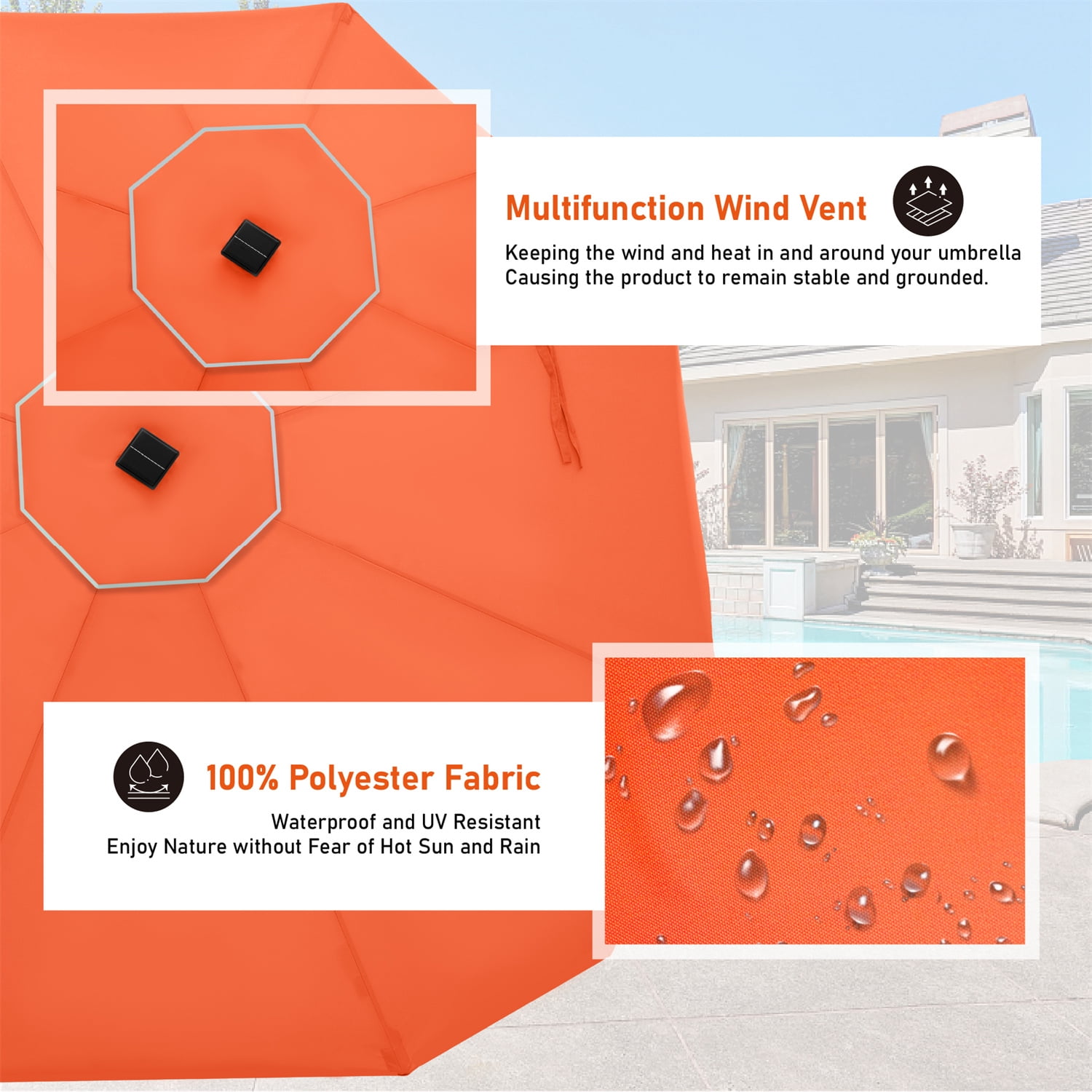 Summit Living 10FT Solar LED Outdoor Market Patio Umbrella With Easy Tilt Adjustment, Orange