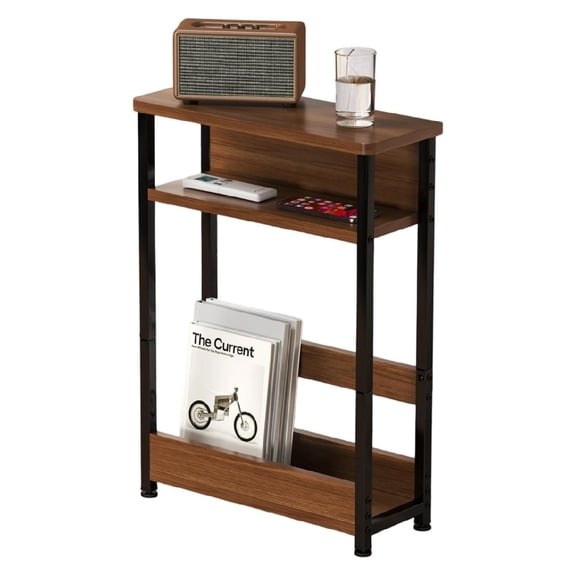 Narrow Side Table with Storage Shelf, 3-Tier Slim End Table with Magazine Holder, Modern Thin Side Tables for Couch or Small Spaces, Skinny Nightstand for Living Room or Bedroom