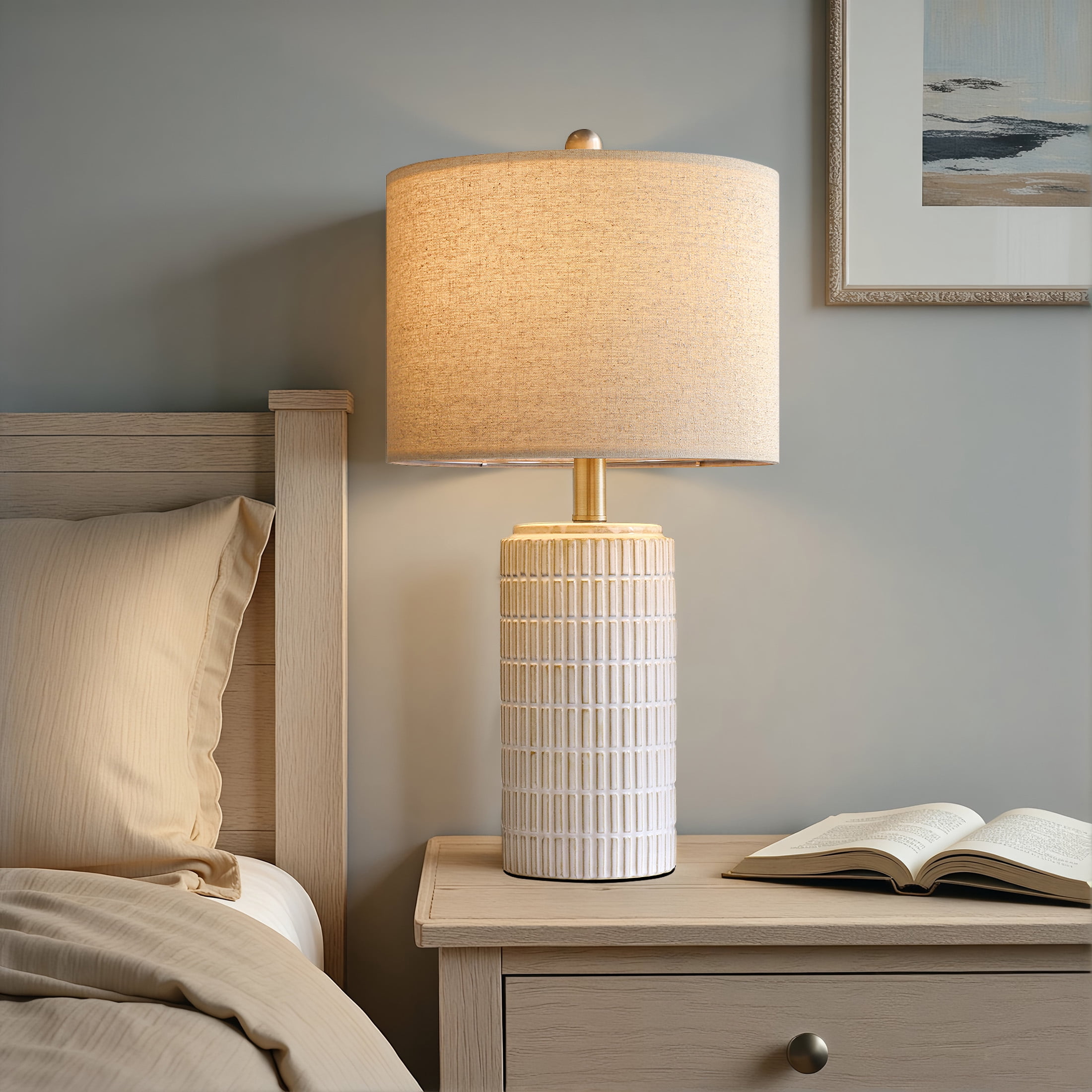 Oneach White Ceramic Table Lamps Set of 2 for Living Room Bedroom 23" Rustic Bedside Nightstand Lamps with Linen Lamp Shades