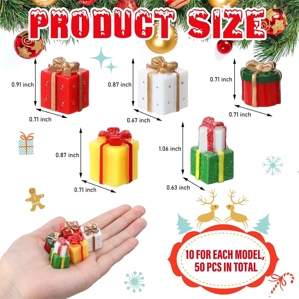 NOGIS 50 Pcs Christmas Miniature Resin Gift Boxes Multicolor Mini Christmas Ornaments Xmas Miniature Figurines Charms for Craft DIY Garden Accessories (Style A)