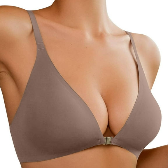 Telankuip Push up Wireless Front Closure Bras for Women Smooth Seamless Soft Comfort No Underwire Low Cut V-Neck Bralettes Thin Padded Front Hook Bras for Everyday Rose Gold XL